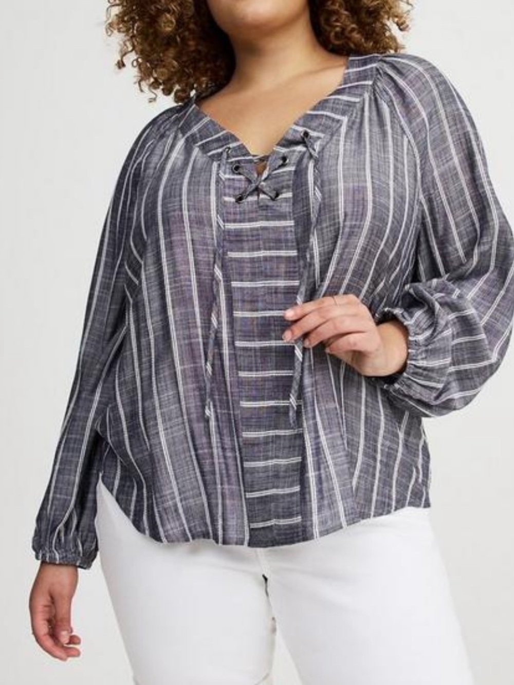 TORRID Striped Lace-Up Peasant Top in Charcoal and White